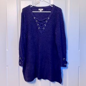Style&Co Dark Purple Tunic Sweater, V-neck w/ detailing, side slit, size XL